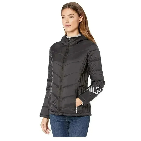 Tommy Hilfiger Womens Hooded Chevron Packable Jacket Logo Size Large L B… - Picture 1 of 14
